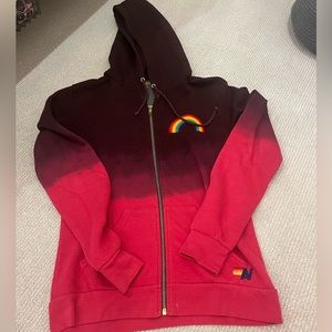 Aviator nation pink and purple tie dye zip up sweater shirt with a rainbow.